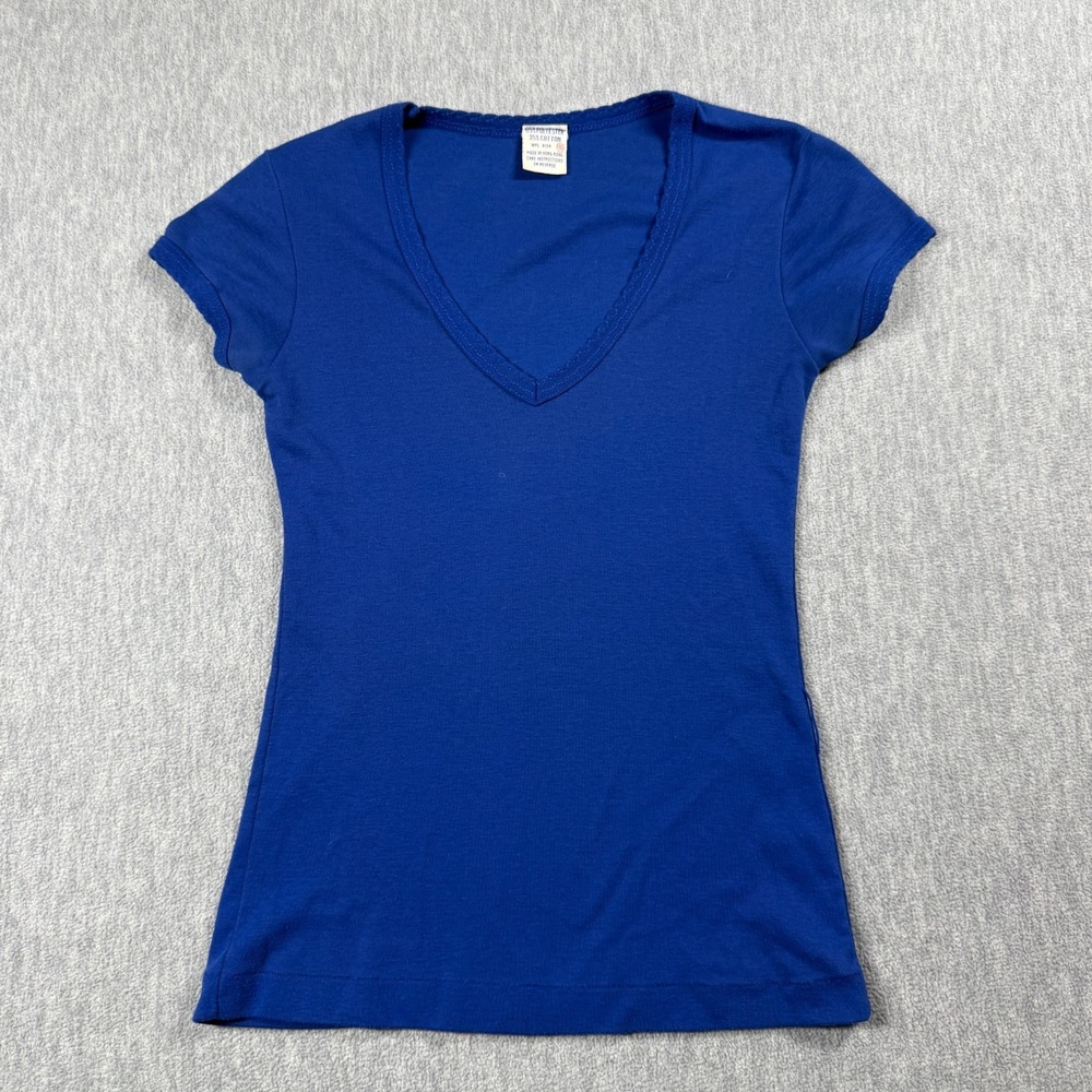 Vintage T-Shirt Womens Small Blue Deep V-Neck Fitted Cap Sleeve Thin Ribbed Knit